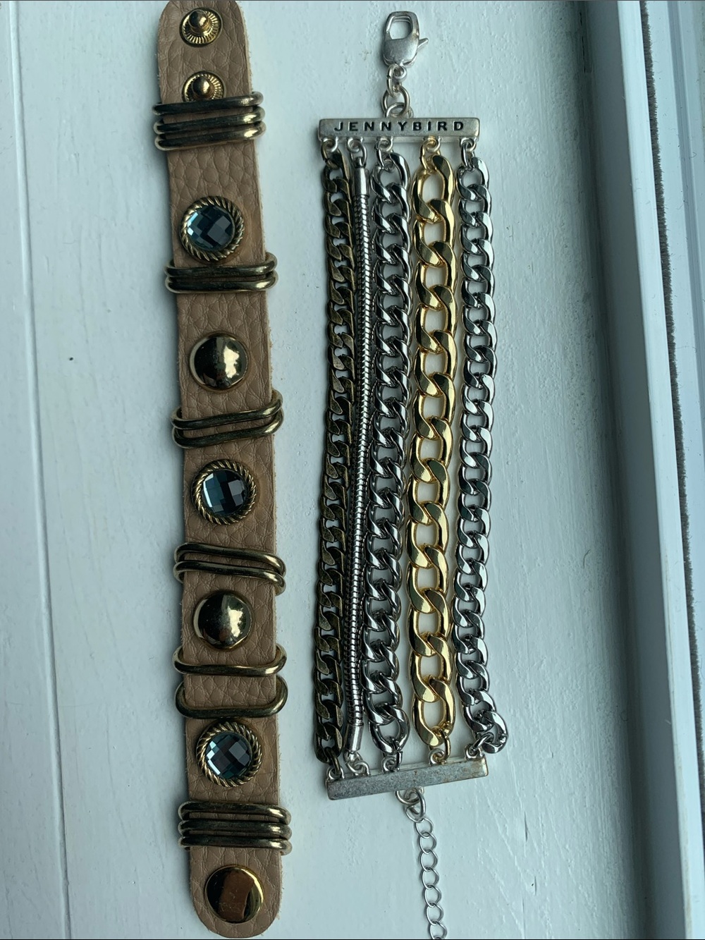 Jenny Bird Two-Tone Chain Bracelet with a Tan Leather Cuff Bracelet VINTAGE